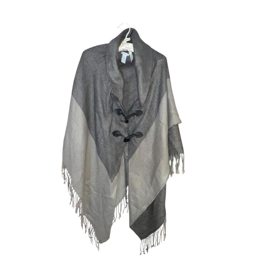 Croft & Barrow Taupe Two-Tone Toggle Poncho Cape Wrap Shawl OS Acrylic Fringe